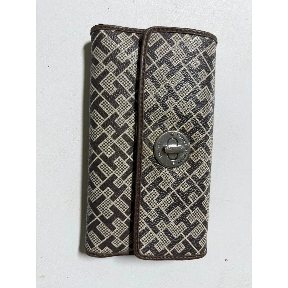 Tommy Hilfiger Monogram Trifold Wallet Brown Turn Lock Logo Geometric Women